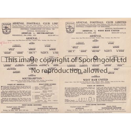 937 - ARSENAL     Two single sheet home programmes for Combination Cup ties in season 1952/3 v West Ham Un... 