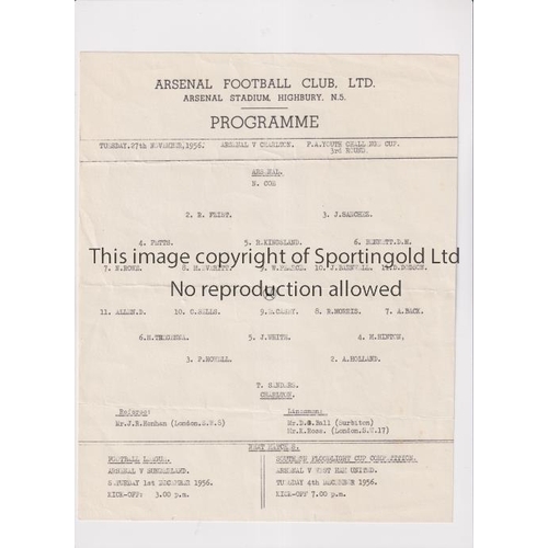 938 - ARSENAL     Single sheet programme for the home FA Youth Cup tie v Charlton Athletic 27/11/1956, sli... 