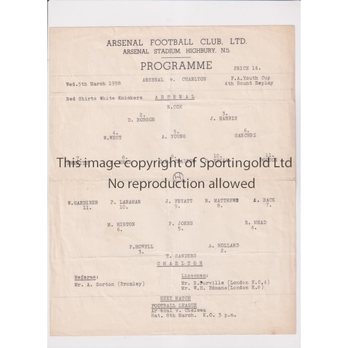 939 - ARSENAL     Single sheet programme for the home FA Youth Cup Replay v Charlton Athletic 5/3/1958, sl... 