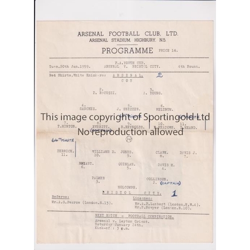 940 - ARSENAL     Single sheet programme for the home FA Youth Cup tie v Bristol City 20/1/1959, slightly ... 