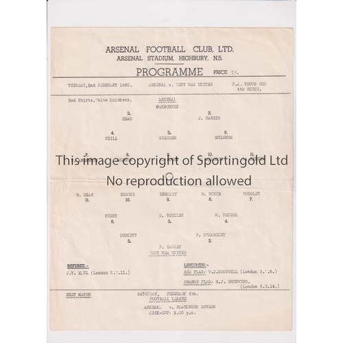 941 - ARSENAL     Single sheet programme for the home FA Youth Cup tie v West Ham United 2/2/1960, slightl... 