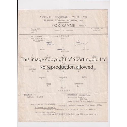 944 - ARSENAL V CHELSEA 1964    Single sheet programme for the home FA Youth Cup tie at Arsenal 20/1/1964,... 