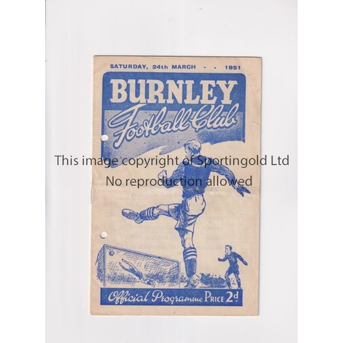 949 - MANCHESTER UNITED     Programme for the away League match v Burnley 24/3/1951, punched holes and sli... 