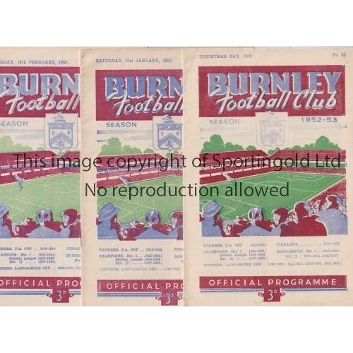 952 - BURNLEY     Three home programmes for the 1952/3 season v Liverpool, staple removed, Sunderland FA C... 