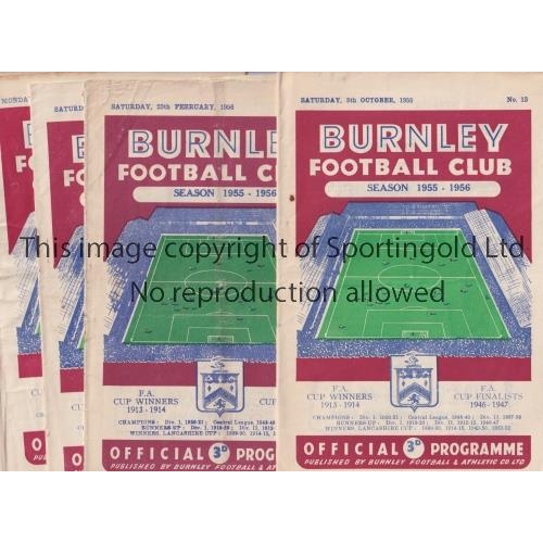 956 - BURNLEY     Five home programmes for season 1955/6 v Huddersfield, Cardiff, slightly creased, staple... 