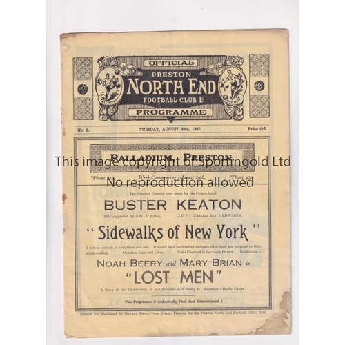 970 - PRESTON NORTH END V BURNLEY 1932    Programme for the L:eague match at Preston 30/8/1932, slightly m... 