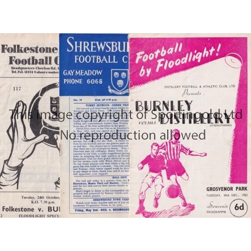 978 - BURNLEY     Three programmes for away Friendlies v Distillery 30/12/1952, Shrewsbury Town 1/5/1958 B... 