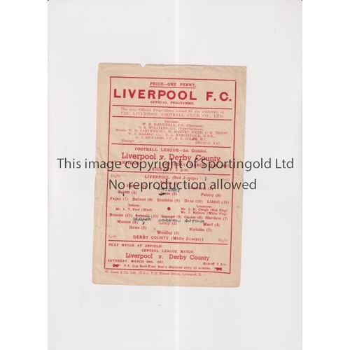 17 - LIVERPOOL V DERBY COUNTY 1947    Single sheet programme for the League match at Liverpool 22/3/1947 ... 