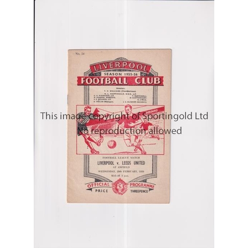 18 - LIVERPOOL V LEEDS UNITED 1956      Programme for the League match at Liverpool 29/2/1956.     Genera... 