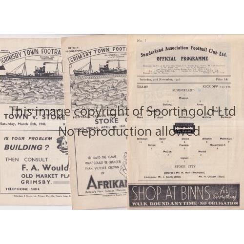 186 - STOKE CITY    Three away programmes v Sunderland 2/11/46, punched holes replaced, Grimsby Town 4/4/4... 