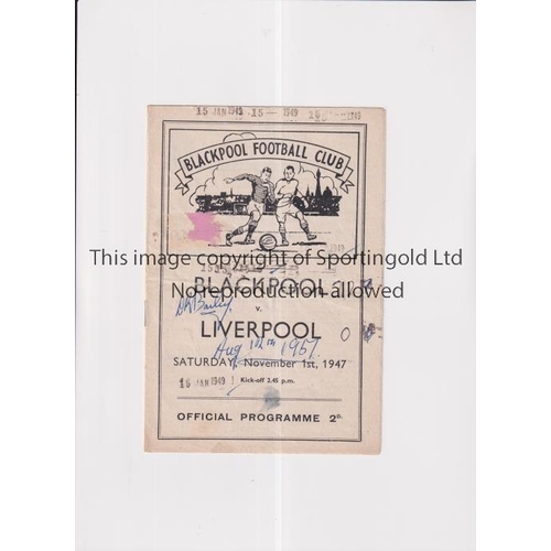 19 - BLACKPOOL V LIVERPOOL 1947    Programme for the League match at Blackpool 1/11/47, slightly creased ... 