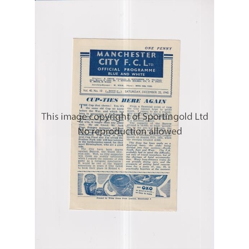 198 - MANCHESTER CITY V BURNLEY 1945      Programme for the FL North match at City 22/12/45, scores entere... 