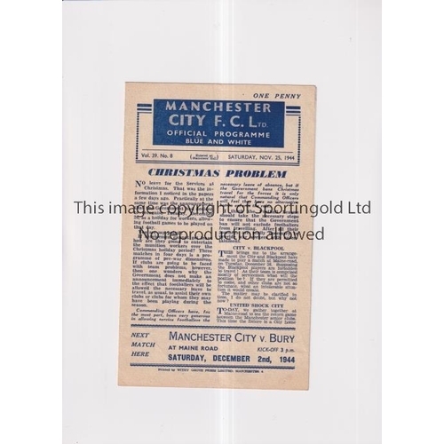 203 - MANCHESTER UNITED     Programme for the away FL North match v Manchester City 25/11/44.       Genera... 