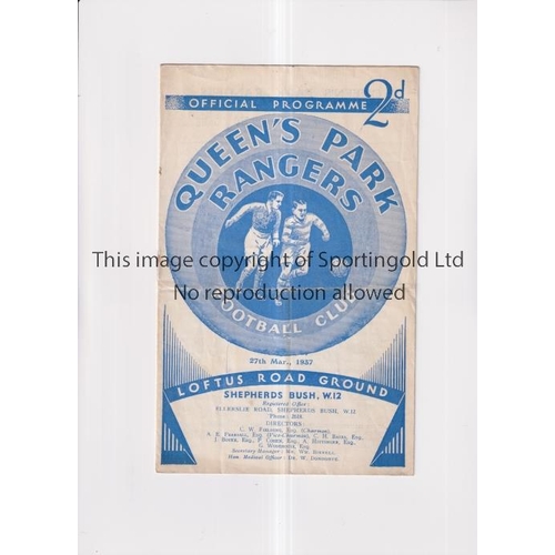 204 - QPR V WATFORD 1937     Programme for the League match at Rangers 27/3/37, folded, team changes.     ... 