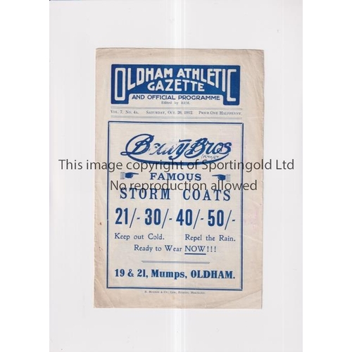 213 - OLDHAM ATHLETIC RESERVES v SOUTHPORT CENTRAL 1912       Programme for the match at Oldham 26/10/12. ... 