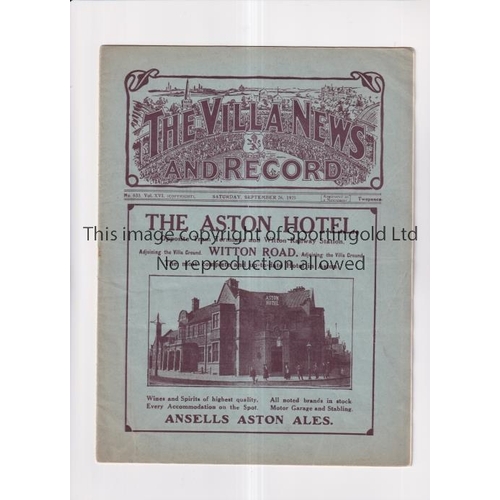 224 - ASTON VILLA       Programme for the home League match v Notts. County 26/9/1925, staple removed.    ... 