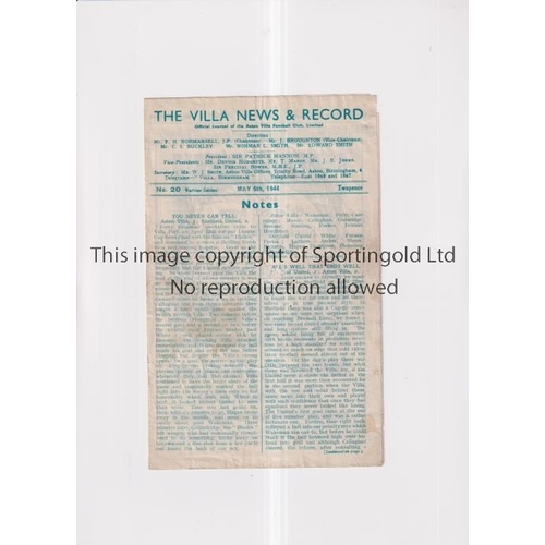 228 - 1944 F.L. NORTH WAR CUP FINAL        Programme for Aston Villa at home v Blackpool 6/5/1944, slightl... 