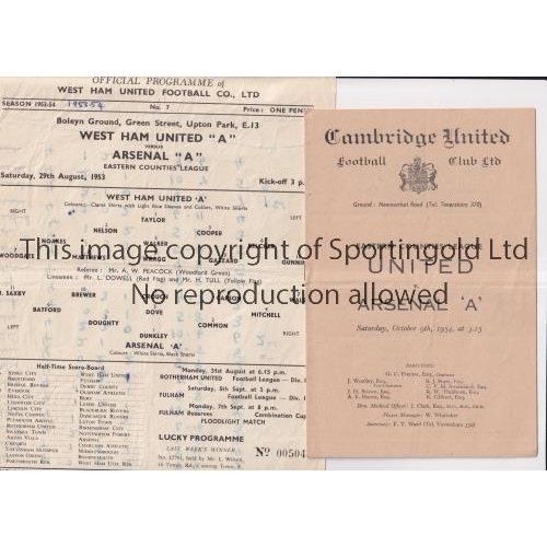 253 - ARSENAL     Two programmes for the away Eastern Counties League matches v Cambridge United 9/10/1954... 