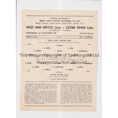 27 - WEST HAM UNITED V LUTON TOWN 1957 CUP      Single sheet programme fore the F.A. Youth Cup tie at Wes... 