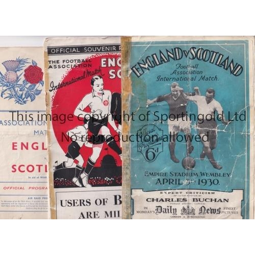 289 - ENGLAND V SCOTLAND     Three programme for matches at Wembley, 1930, heavily creased, tape inside an... 