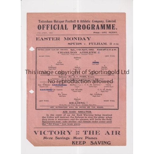 3 - 1943 F.L. SOUTH WAR CUP SEMI-FINAL AT TOTTENHAM HOTSPUR       Single sheet programme for Charlton At... 