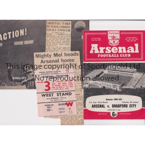 318 - ARSENAL      Ticket, programme and 2 newspaper match reports for the home FA Cup tie v Bradford City... 