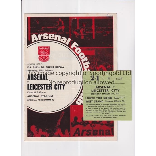 319 - ARSENAL     Ticket and programme for the home FA Cup tie v Leicester City 15/3/1971 in Arsenal's fir... 
