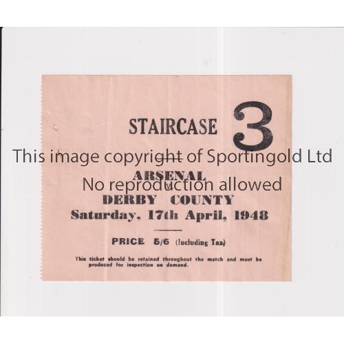 324 - ARSENAL       Ticket for the home League match v Derby County 17/4/1948 in their Championship season... 