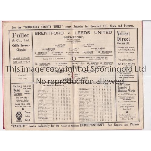 328 - LEEDS UNITED      Programme for the away League match v Brentford 30/11/1935, slightly creased, hole... 
