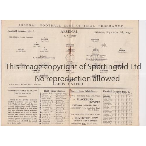 332 - ARSENAL V LEEDS UNITED 1930     Programme for the League match at Arsenal 6/9/1930 in Arsenal's firs... 