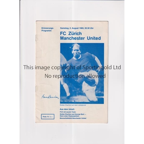 334 - MANCHESTER UNITED      Programme for the away Friendly v FC Zurich 2/8/1969, very slightly marked on... 
