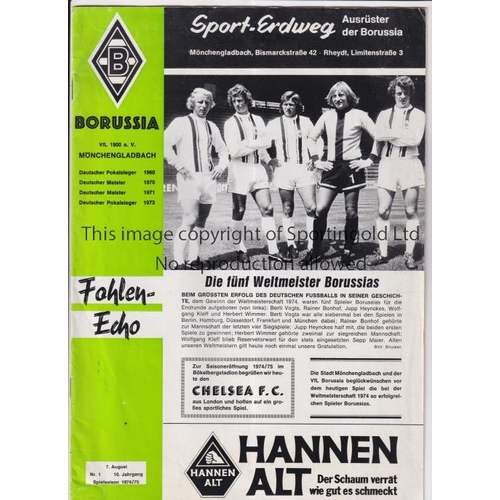 343 - CHELSEA      Programme for the away Friendly v Borussia Moenchengladbach 7/8/1974.     Generally goo... 