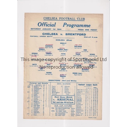 345 - CHELSEA     Single sheet programme for the home FL south match v Brentford 1/1/1944, very slightly c... 