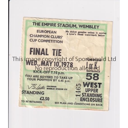 422 - 1978 EUROPEAN CUP FINAL    Ticket for Liverpool v Bruges 10/5/1978 at Wembley, creased.    Fair to g... 