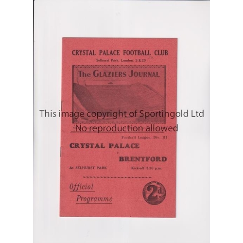 469 - CRYSTAL PALACE V BRENTFORD 1933     Programme for the League match at Palace 11/3/1933.    Good