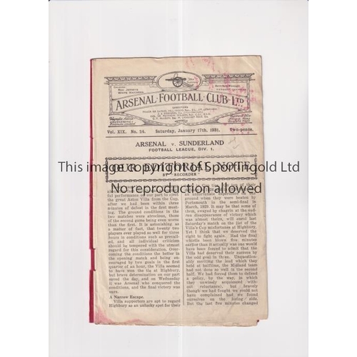 5 - ARSENAL     Programme for the home League match v Sunderland 17/1/1931, slightly creased.     Genera... 