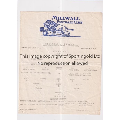 542 - CHELSEA     Single sheet programme for the away South East Counties League match v Millwall 25/4/196... 