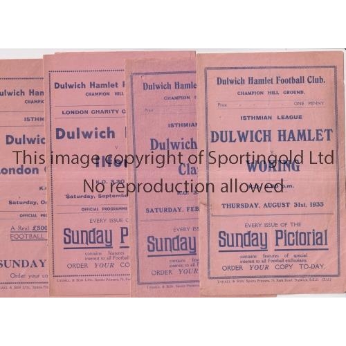 556 - DULWICH HAMLET     Four home programmes v Woking 31/8/1933, team changes, Clapton 10/2/1934, small h... 