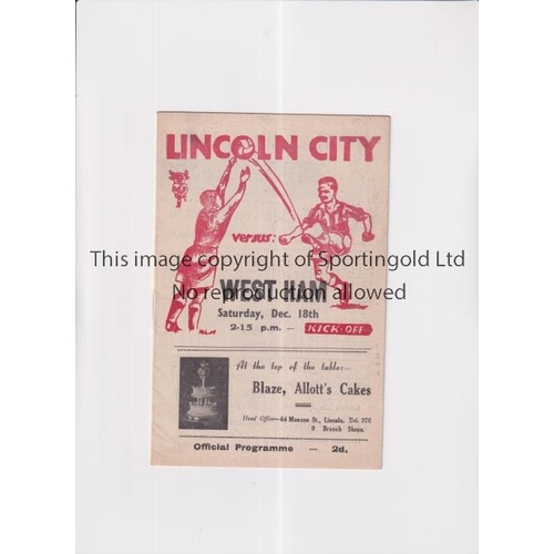 566 - LINCOLN CITY V WEST HAM UNITED 1948    Programme and newspaper cutting for the League match at Linco... 