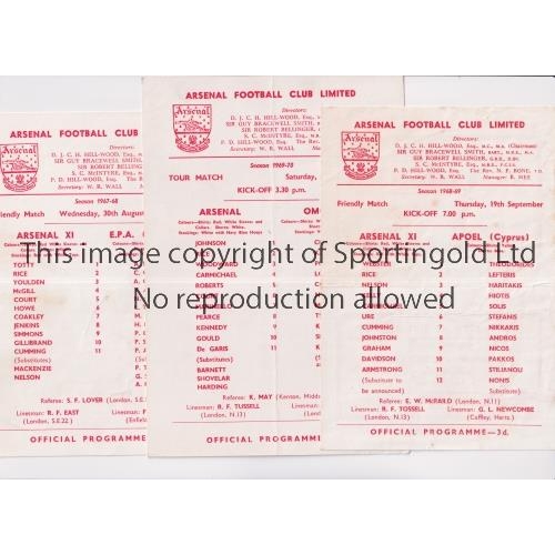 574 - ARSENAL      Three single card programmes for home Friendlies  Cypriot teams v EPA 30/8/67, Apoel 19... 