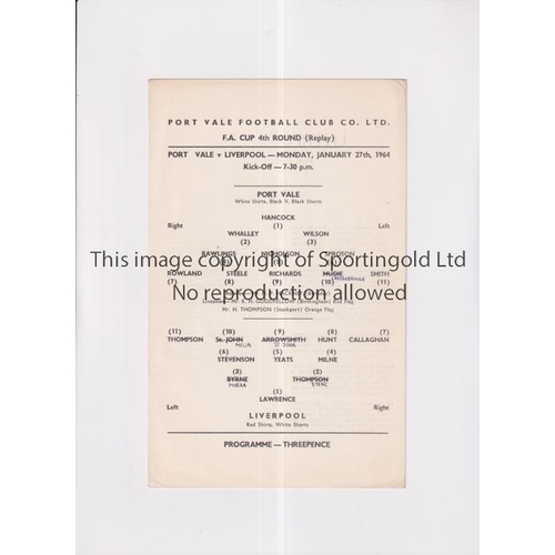 579 - LIVERPOOL V PORT VALE 2964 FA CUP     Single card for the Replay at Liverpool 27/1/1964, team change... 