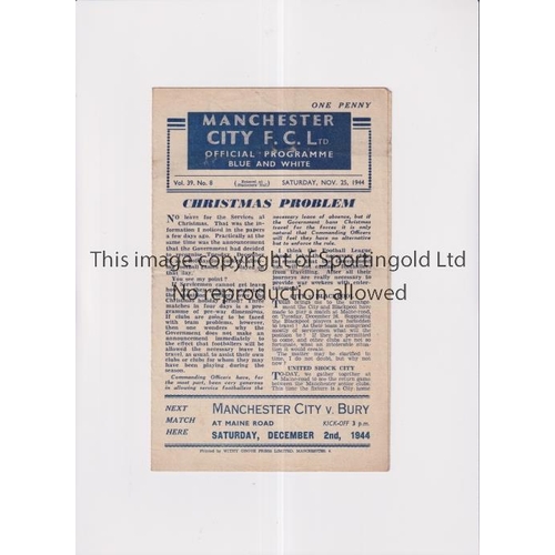 582 - MANCHESTER UNITED      Programme for the away FL North match v Man City 25/11/1944, horizontal fold,... 