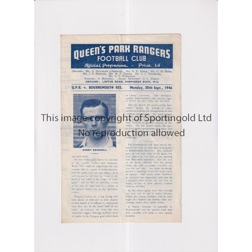 584 - QPR v BOURNEMOUTH 1946     Programme for the Football Combination match at Rangers 30/9/1946, slight... 