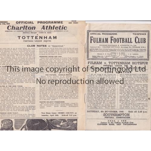 589 - TOTTENHAM HOTSPUR      Two away programmes v Charlton Athletic 17/4/1946 F.L. South, scores entered ... 