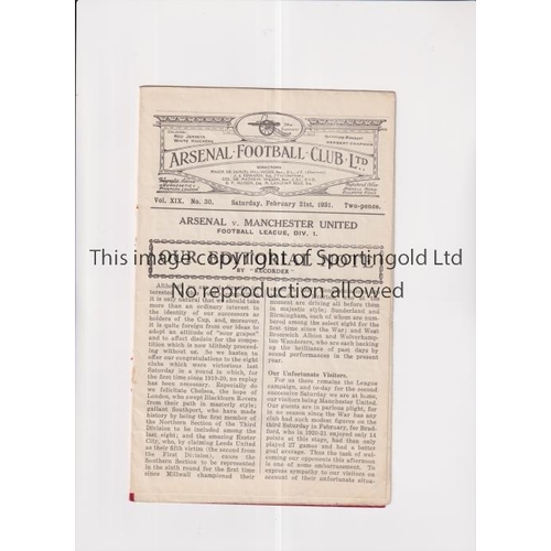 6 - ARSENAL V MANCHESTER UNITED 1931       Programme for the League match at Arsenal 21/2/1931, very sli... 