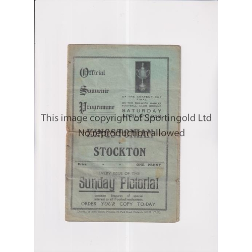 65 - 1933 F.A. AMATEUR CUP FINAL AT DULWICH HAMLET      Programme for Kingstonian v Stockton 8/4/1933. ho... 