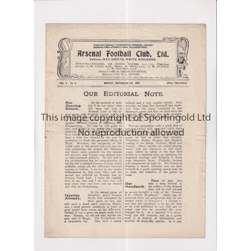 7 - ARSENAL     Programme for the home league match v Preston 5/9/1921, slight horizontal crease.     Ge... 