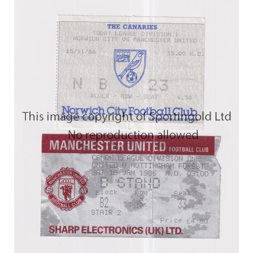 802 - MANCHESTER UNITED       Two tickets for League matches away v Norwich City 15/11/1986 and home v Not... 