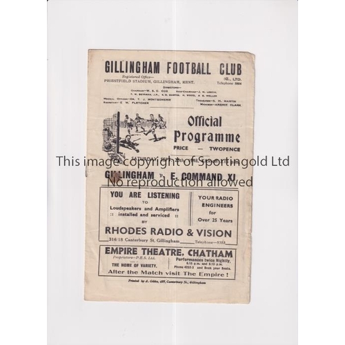 811 - GILLINGHAM V EASTERN COMMAND XI 1948      programme for the match at Gillingham 25/9/1948, slightly ... 