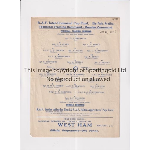815 - SERVICES FOOTBALL AT READING F.C. 1945      Single sheet programme for Technical Training Command v ... 